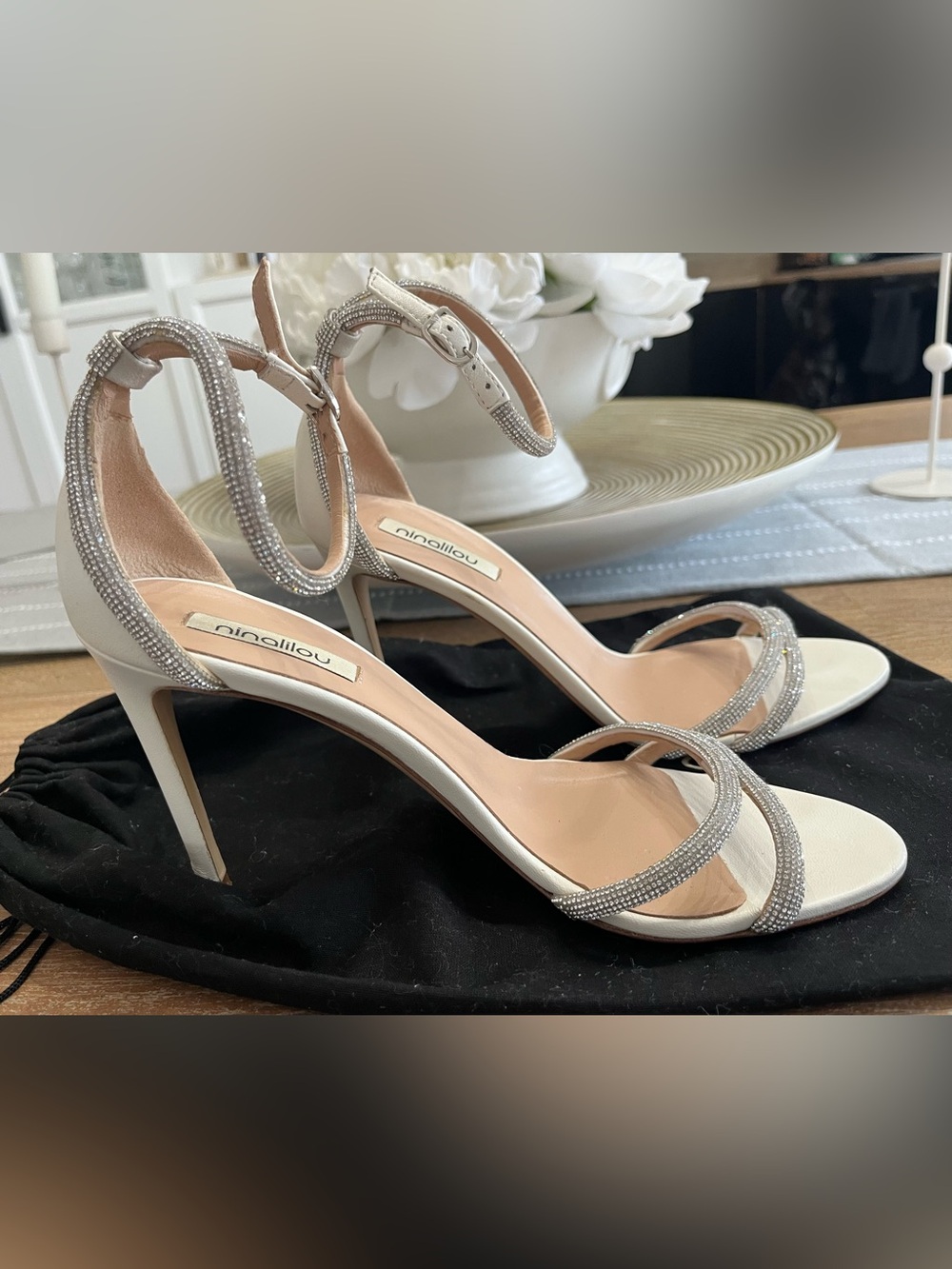 Nina Lilou Silver Crystal-Trim Ankle-Strap Heels